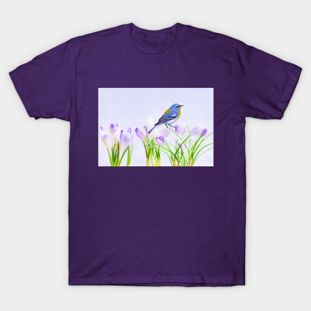 Parula Warbler Perched on Crocus Flowers T-Shirt by lauradyoung